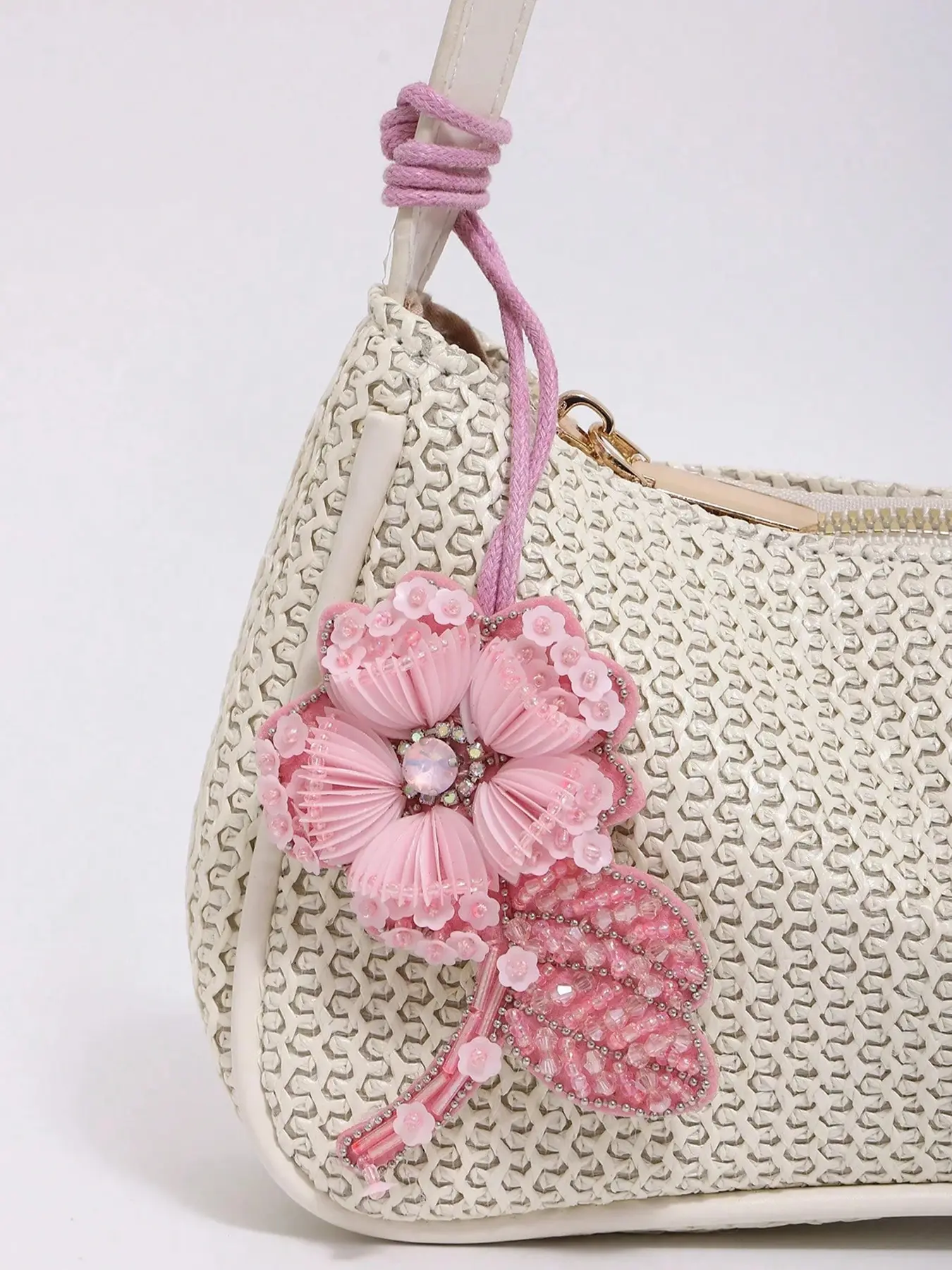 Valentine's Day three-dimensional pink flowers are exquisitely decorated with hand-made floral bag pendants, and the personalized pleated petals are inlaid with diamond stamens, with pink purple woven lanyards, Cute Bag Pendant, Sparkly Bag Charm