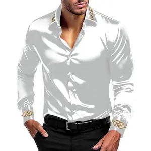 Men's Luxury Satin Dress Shirt Shiny Embroidery Silk Long Sleeve Button Up Shirts Prom Wedding Party Shirt Menswear Top
