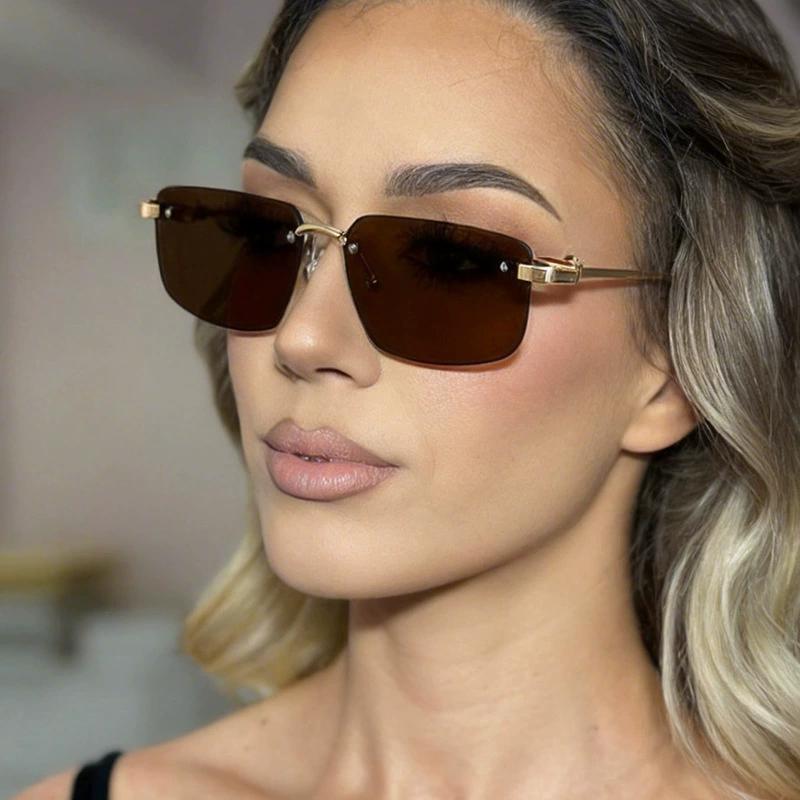 Edgy Rimless Rectangular Sunglasses - Sleek Metal Frame with Unique Hinge Accents, UV400 Protection Shades Perfect for Y2K Baddie Aesthetic and Minimalist Street Style Slays