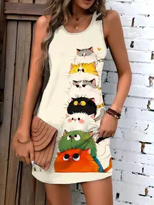 Cute Cat Print Sleeveless Dress for Women, Casual Spring/Summer Vacation Style, Lightweight and Comfortable, Machine Washable, Casual Fashionable Dress