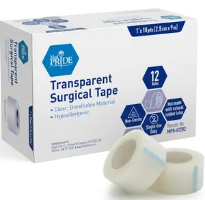 Hypoallergenic Adhesive Surgical Tape 12 Pack Breathable First Aid Med Tape Latex & Rubber Free (1" X 10 yds Clear,Transparent)