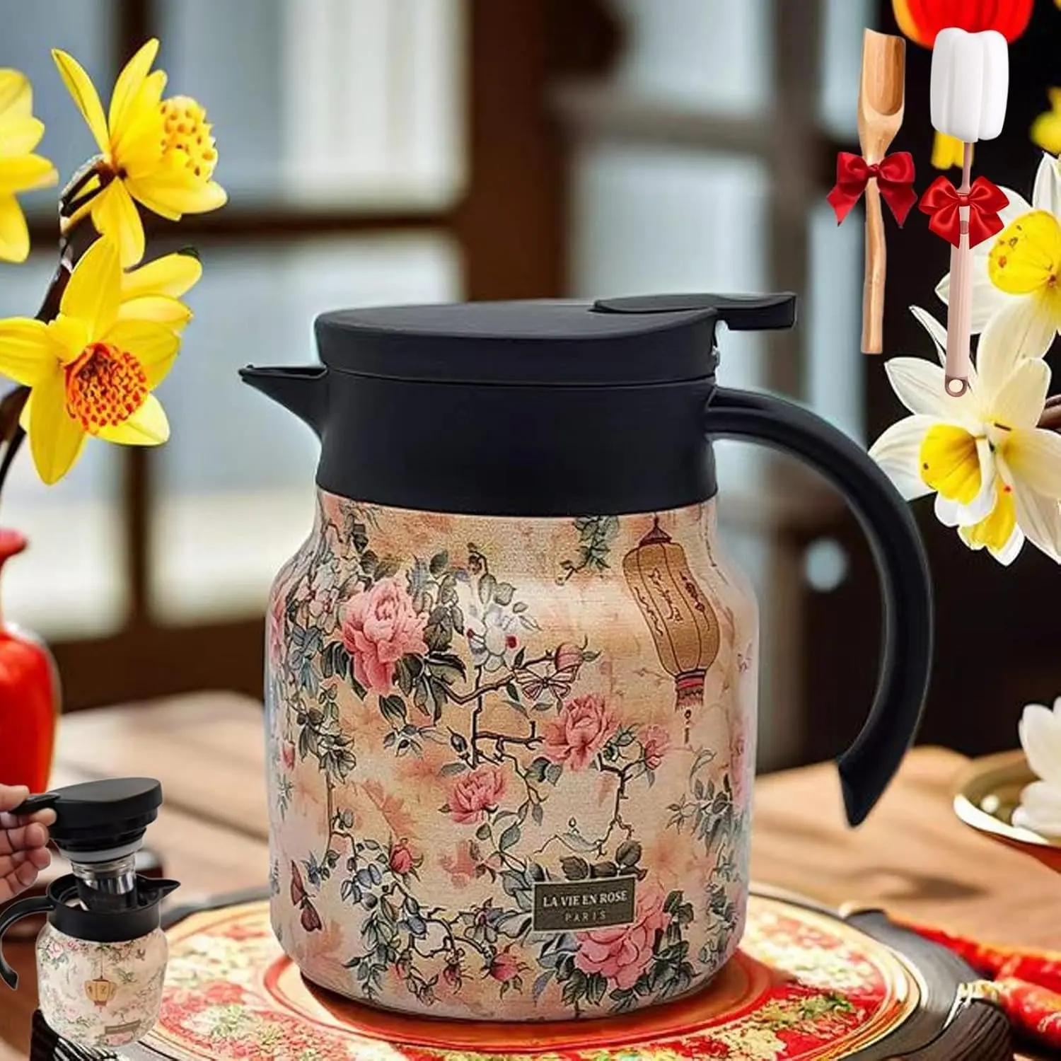 1PC floral design stainless steel Perfect Teapot With Infuser and coffee pot, 800ml/27oz thermos, vintage floral pattern, tea infuser, leak proof V-shaped nozzle, can keep drinks hot and cold, suitable for home, office, gifts