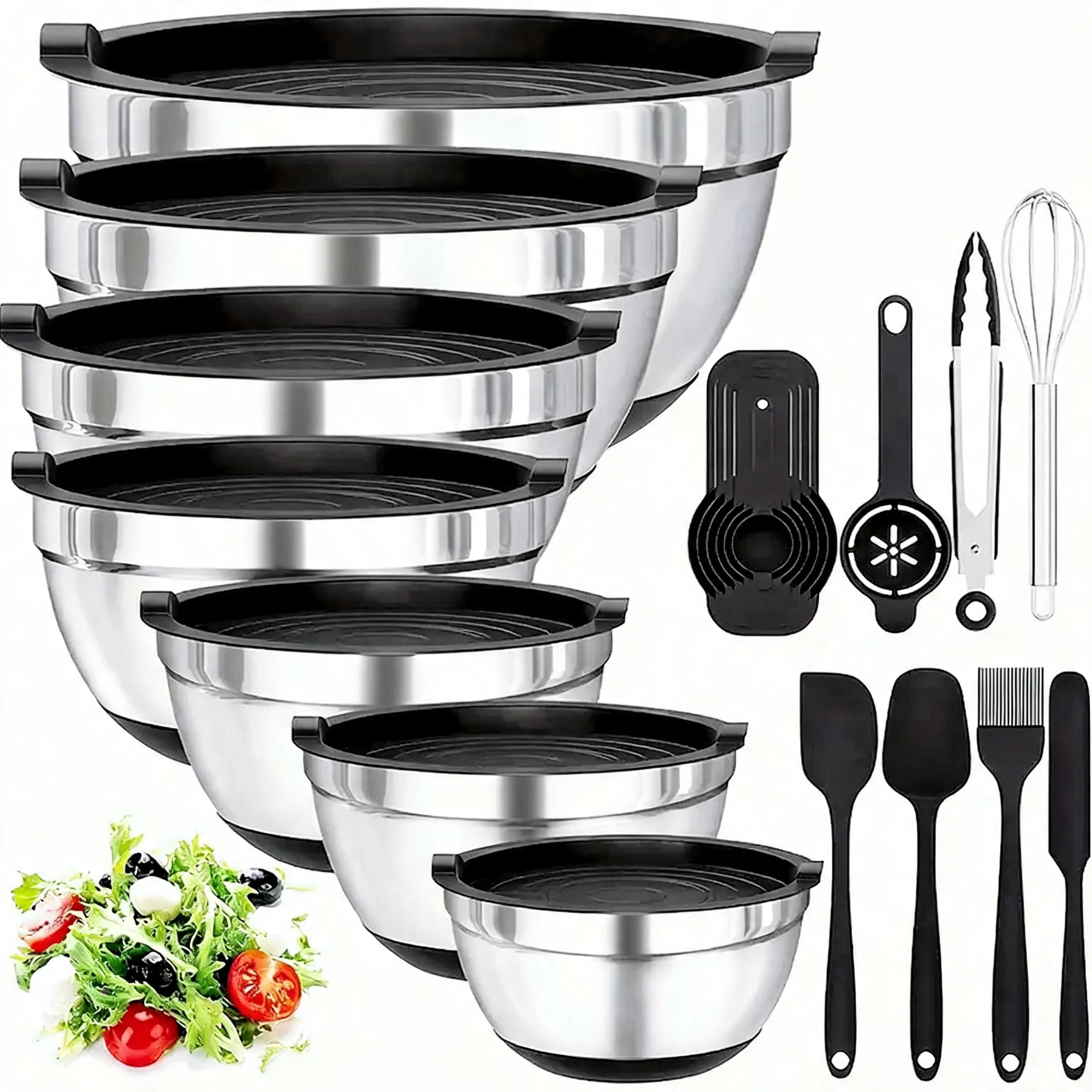 Stainless Steel Mixing Bowls 20-Piece Set with Airtight Lids - 7 Sizes (0.67-7QT), Non-Slip Silicone Bottoms, BPA-Free, Dishwasher-Safe, Food-Grade, Ideal for Baking & Serving Prep, Bpa Free Bowls, Dishwasher Safe Bowls