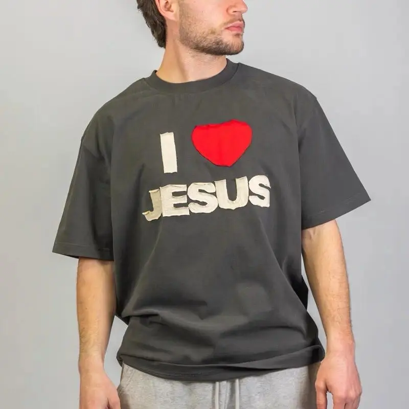 I Love Jesus Patchwork T-Shirt, Vintage Christian Heart Graphic Tee, Oversized Washed Cotton Top, Casual Religious Streetwear, Minimalist I love Jesus Shirt for Men Women, Unique Gift for Believers
