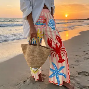 Ocean-themed Hand-painted Print Elastic Waistband Wide-leg Pants outdoorfun