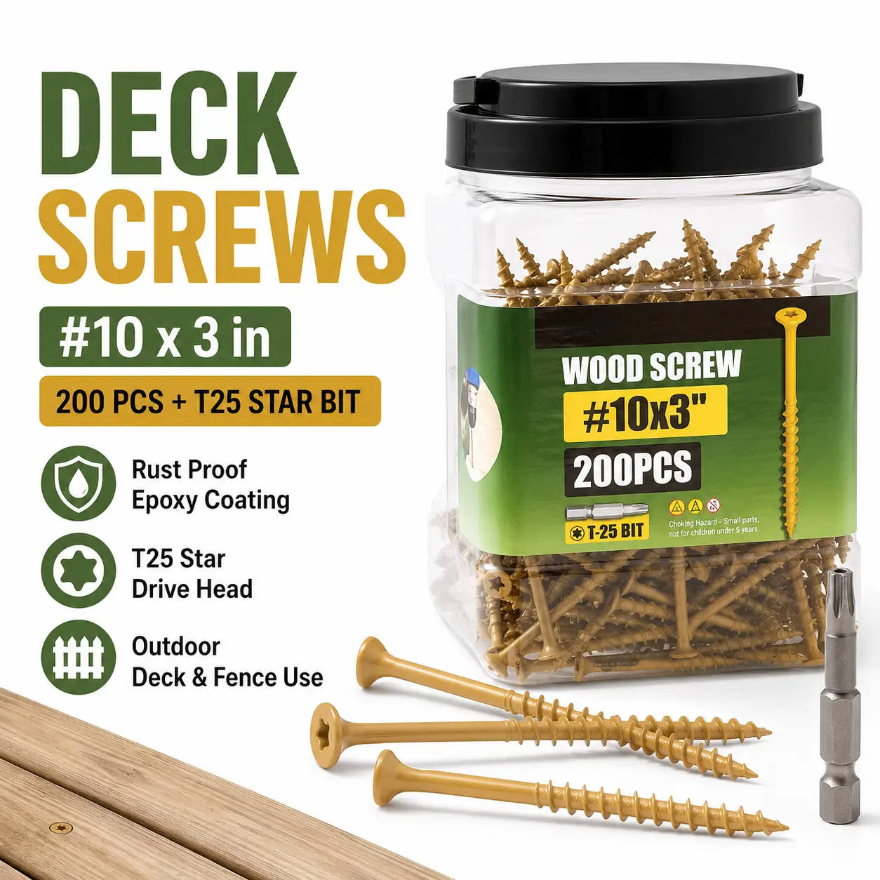 Outdoor Wood Deck Screws, #10x3in (200 Pieces), Rust-Proof Torx Drive Self-Tapping Fasteners for Deck, Fence with T25 Bit