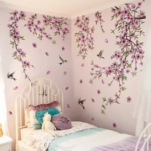 A set of 2 pieces (30*90cm*2pcs) purple branch and flower wall stickers, suitable for living room, bedroom, bathroom, home background decoration, self-adhesive, M16090-YJ