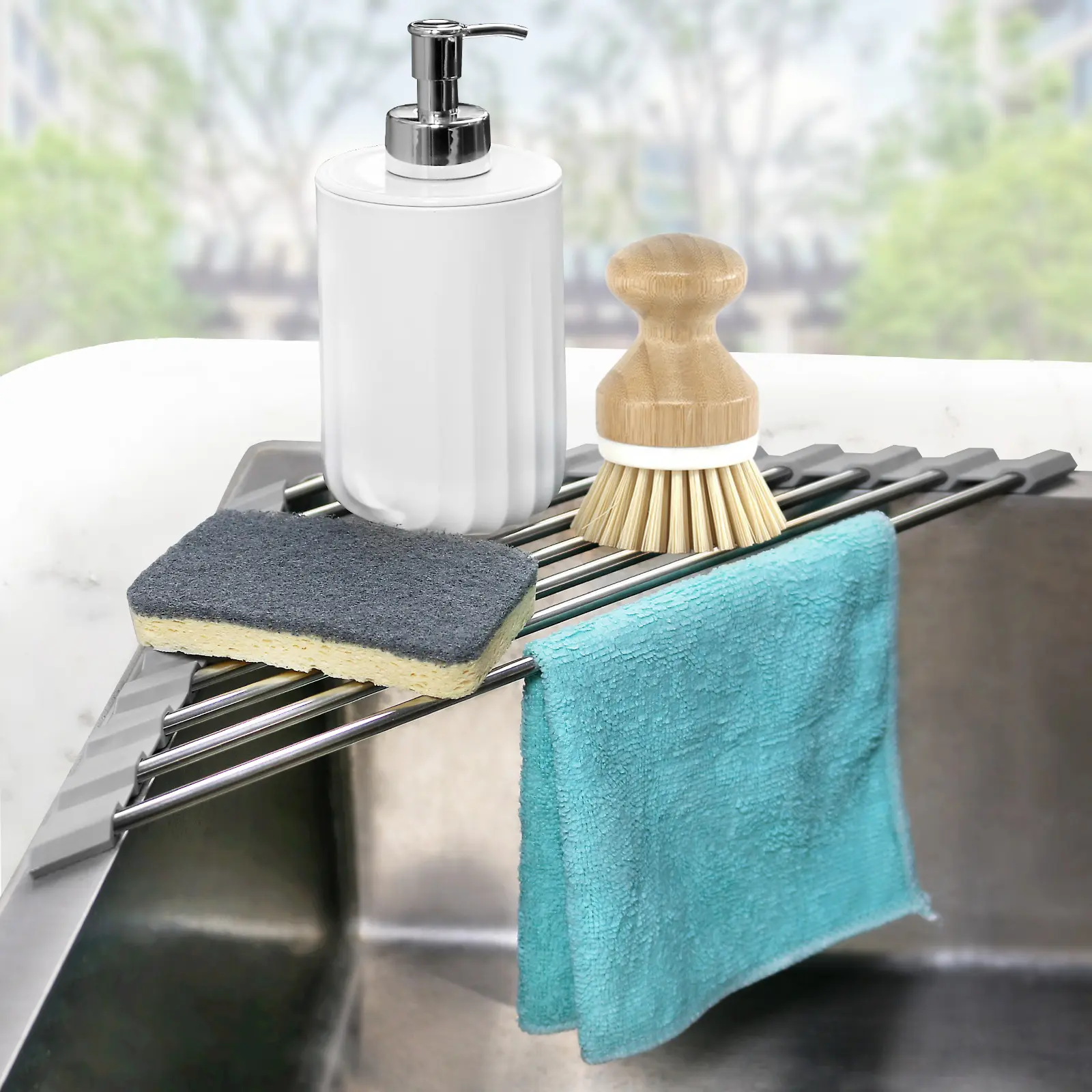 Corner Sink Caddy Triangle Dish Drying Rack for Sink Corner, Sponge Holder Roll Up Dish Drying Rack Over The Sink, Stainless Steel Kitchen Sink Organizer Drainer Mat Sponge Caddy for Counter Storage Decor