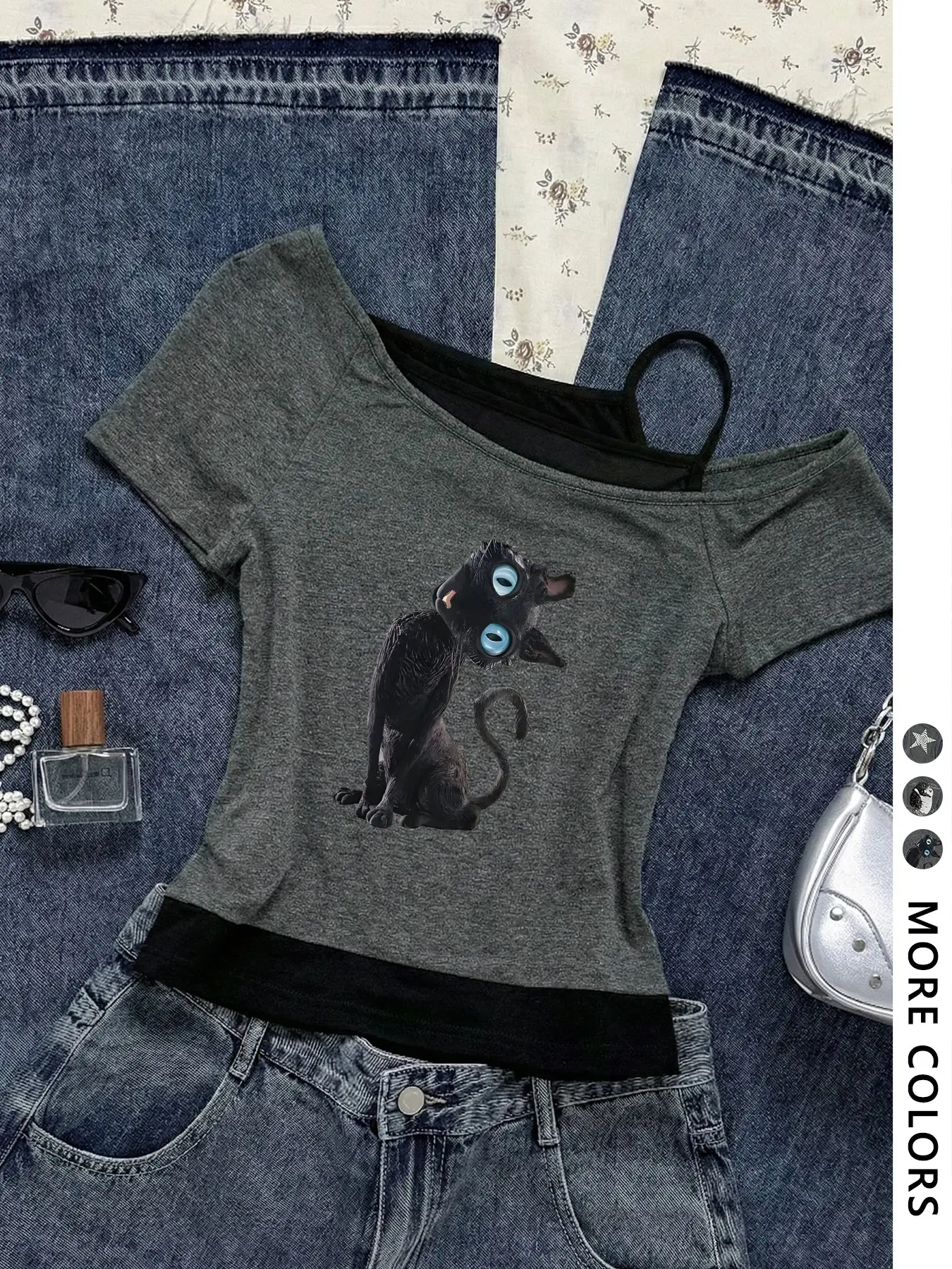 Women's Y2K Casual Style Slim Fit Printed Top, Cute American Tee, Casual Tops, Shoulder-Exposed Short Sleeve T-Shirt, Blue Eye Cat Print Two-Piece Design, Strap & Tie Details, Casual Summer Wear Top