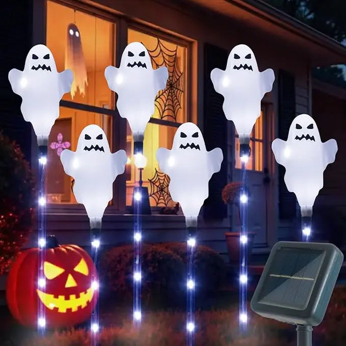 6-Pack Solar Halloween Ghost Pathway Lights - Outdoor Waterproof LED Stake Lights for Lawn, Garden Decoration