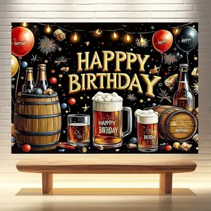 Whisky & Beer Themed Birthday Banner Black and Golden Polyester Backdrop with Happy Birthday Text Balloons and Festive Decorations for Men's Birthdays Bachelorette Parties and Celebrations Ornaments