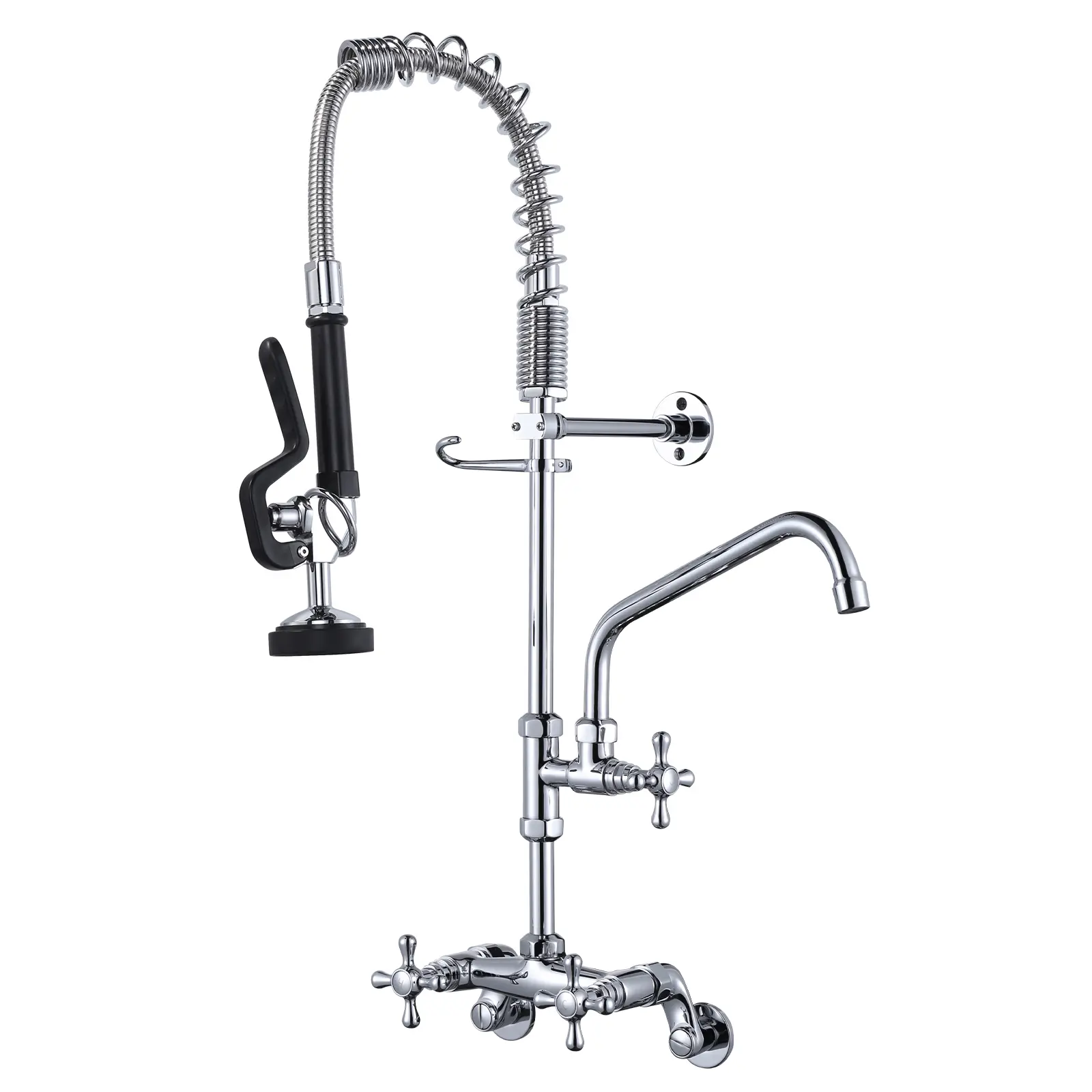 WOWOW Brass Commercial Kitchen Wall-Mount Double Handle Faucet - 26" Height, 4"-9" Adjustable Center, 10" Add-On Swing Spout, Coiled Spring Pull-Down High-Pressure Sprayer Attachment, Durable Multi-Purpose Splash Proof Fixture with Garden Hose for Schools