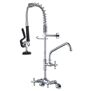 26" Height Commercial Kitchen Faucet Wall Mount with Pre-Rinse Sprayer, 4" to 9" Adjustable Center with Humanized Handle Design & 10" Add-on Swing Spout Faucet & Coiled Spring Pull Down Spray
