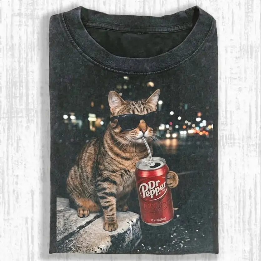 Comfort Colors Funny Cat Drinking DrPeppper T-shirt, Vintage Cat Shirt, Wiener Cat Tee, Sausage Cat Unisex Tee, Cat Lover Shirt