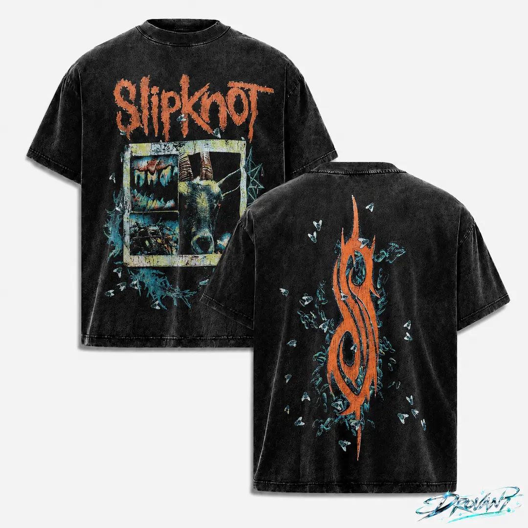 Slipknot Goat Vintage Acid Wash Oversized Double-Sided T Shirt, Unisex streetwear y2k clothing graphic tee, A comfortable summer gift oversize wash vintage metal