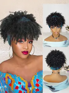 Kinky Curly Headband Wig Black Afro Headband Wigs Black Afro Puff Wig With Bangs Wrap Wrap 2 in 1 for Women Synthetic Half Wigs Synthetic Machine Wigs Synthetic Hair Wigs
