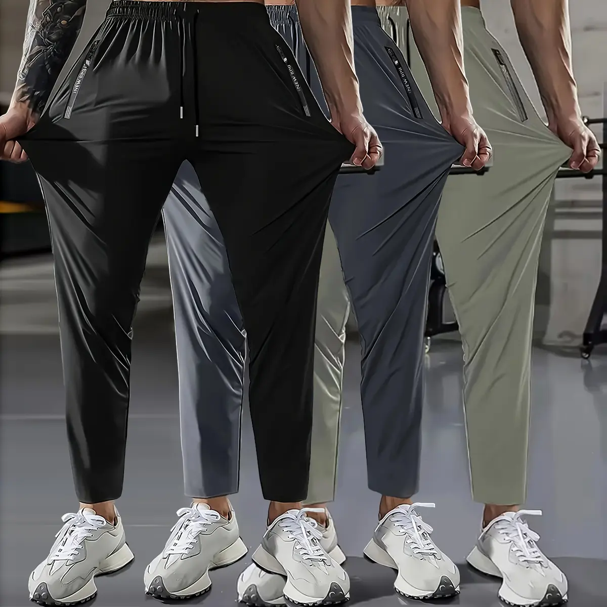 Men's 3-Piece Multi-Color Tapered Pants Series, Sporty Chic Menswear Trousers with Elastic Ankle Straps, Secure Zipper Storage, Ideal for Gym Street Style & Daily Casual Wear (Beige Plain, Motocross Bestie), Multicolored Men's Pants