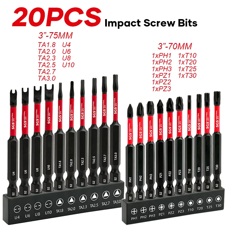 20 Pcs Industrial Torx/Phillips/ Pozi/U-Shaped/Triangular Screwdriver Bits Set, S2 Alloy Steel 60-62 HRC, Impact And Wear-Resistant Anti-Slip Magnetic Drill Head, 1/4" Shank With Black Base, For Woodworking, Home Repair, Offices And DIY Use