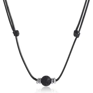 Black Lava Rock Man-made Leather Rope Choker Necklace, Adjustable, For Men Women Summer Jewelry Mother Gift