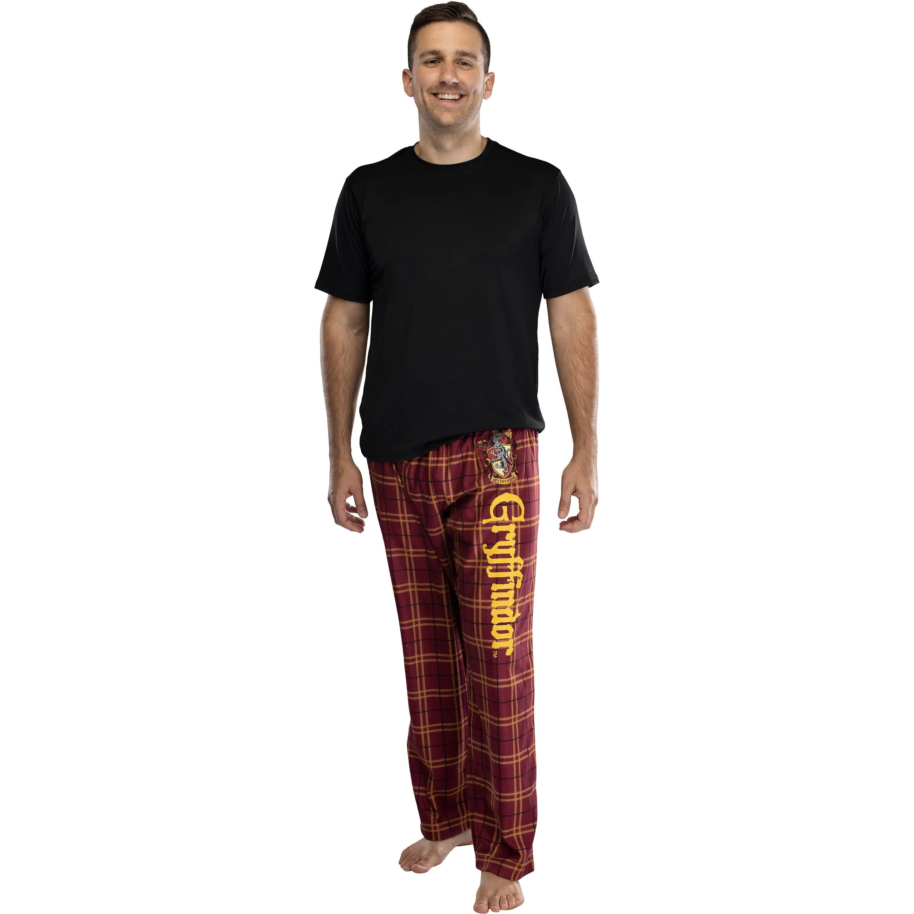 WB - Warner Bros Men's Soft House Crest Plaid Lounge Pajama Pants - Crewneck Nightwear Loungewear for 4 Houses (Gryffindor, Ravenclaw, Slytherin, Hufflepuff)