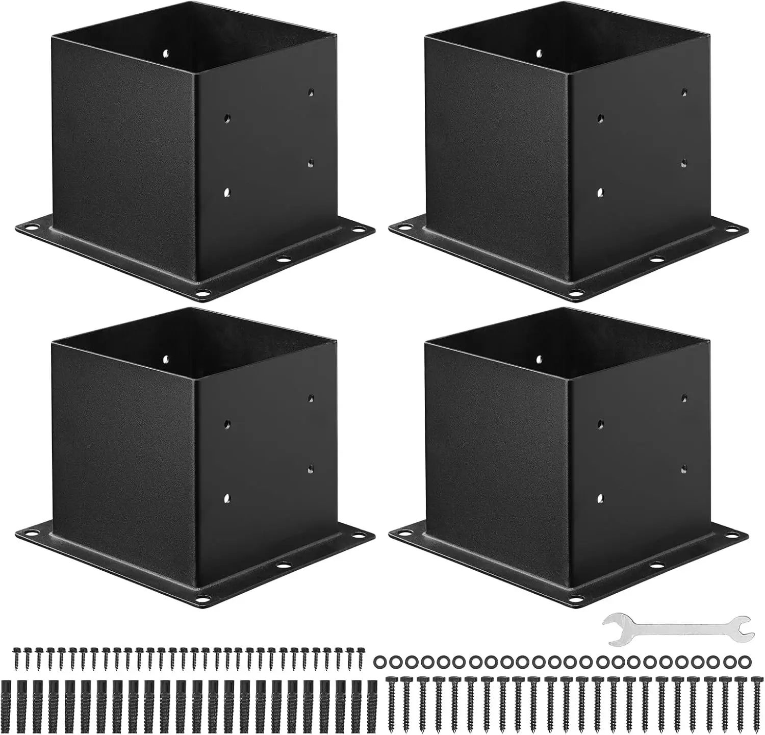 4 Pcs Durable Heavy-Duty Carbon Steel 4x4 Post Bases, 3.6"x3.6" (92x92 mm) Inner Brackets, Sturdy Rust-Resistant Supports with Expansion Screws, Compatible Wrench Set for Concrete, Wood Installation