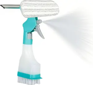 Window Cleaning Tool with Spray Bottle 4-in-1 Set Multi-Purpose Rubber Squeegee and Microfiber Cleaning Head for Dirty Indoor Glass Cleaner