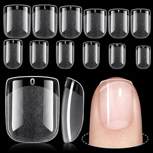 Extra Short Square Fake Nail Tips, Half Matte Acrylic Pre Filed Soft Gel Nail Tips, 192Pcs Full Cover Pre Shaped 12 Sizes Fake Nails for Beginner and Professional DIY Nail Salon