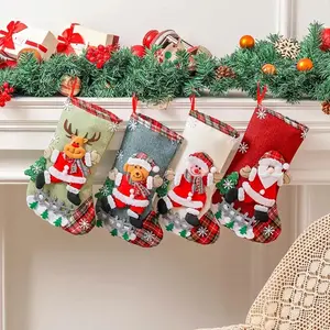 4pcs Large Christmas Stockings Gift Bags – Burlap Drawstring Holiday Bags with 4 Different Patterns | Reusable Rustic Style Candy, Jewelry & Gift Holders | Perfect for Xmas Party Favors, Holiday Decoration & Gift Wrapping