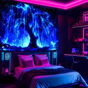 Magical Forest Glowing Tree UV Reactive Fluorescent Large Tapestry, Glow-in-the-Dark Polyester Wall Decor for Bedroom, Party, Game Room, Living Room, Multiple Sizes Polyester Fabric for Wall Decoration, Easy to Clean and Maintain. Soft and Durable Materia