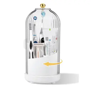 Bacteria-Isolating Toothbrush Holder 360° Rotating Sliding Cover Hidden Storage 3-Slot Bathroom Sink Organizer with Glass Dome and Metal Base waterproof holder