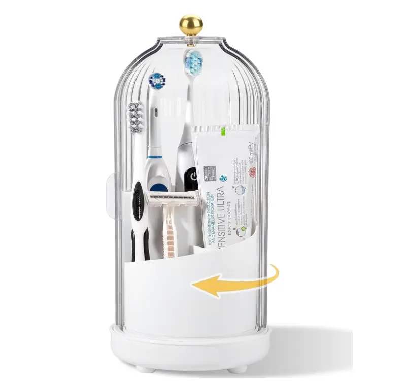 Modern Plastic Bacteria-Isolating Toothbrush Holder - 3-Slot Dustproof Bathroom Sink Organizer with 360° Rotating Cover, Glass Dome, Metal Base, and Waterproof Hidden Storage