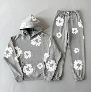 Denim Tears Unisex Sportswear Set Vintage Y2K Style Full Match Fashion Long Sleeve Torn Hoodie & Floral Bubble Pattern Sweatshirt 2-Piece Set Womenswear Casual Pants Suits Trouser Gamis Hip Love Top Clothes