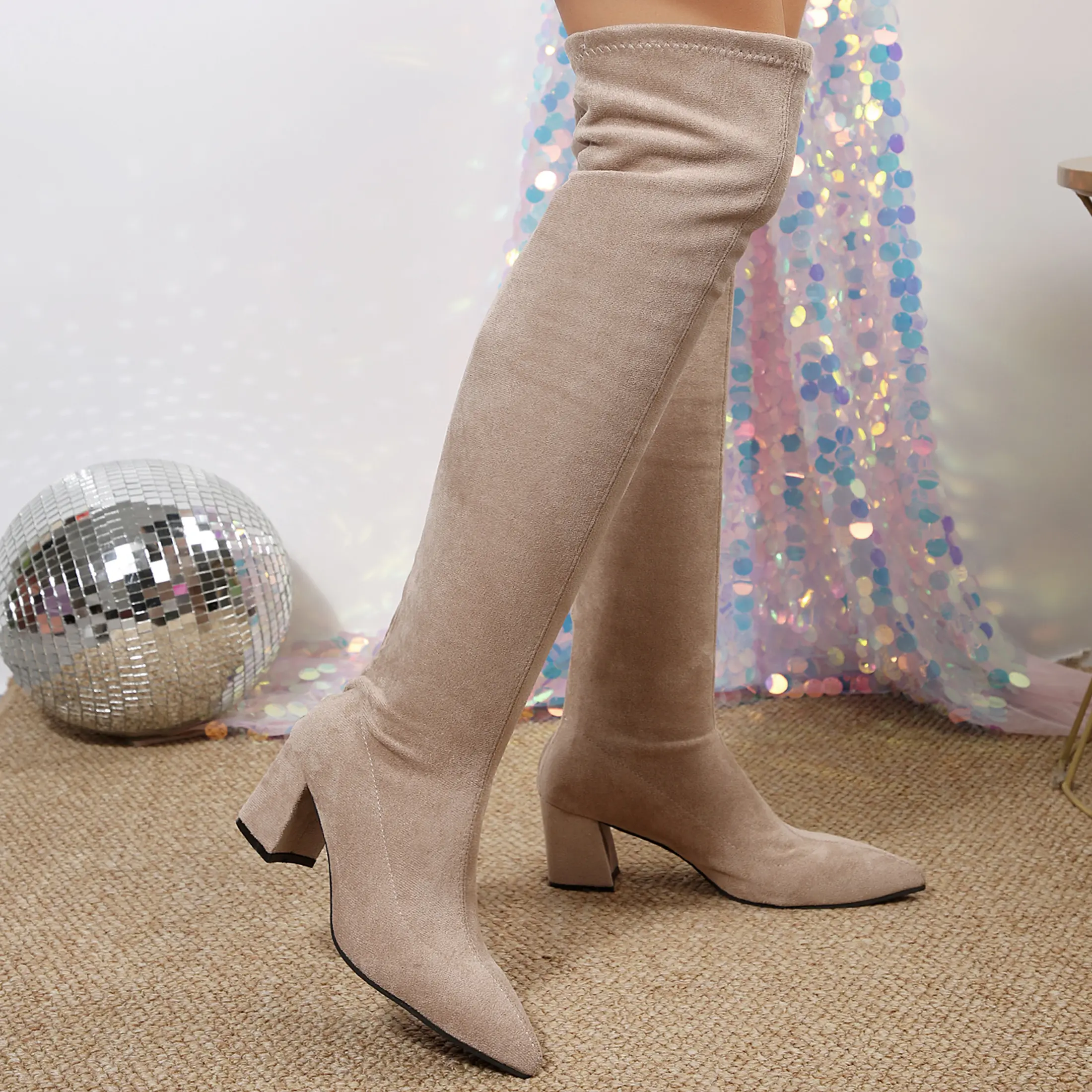 Women's Over-the-Knee Tall Boots, Soft Faux Suede Pointed Toe Style with a Chunky Heel, Casual Side-Zip Footwear for Parties