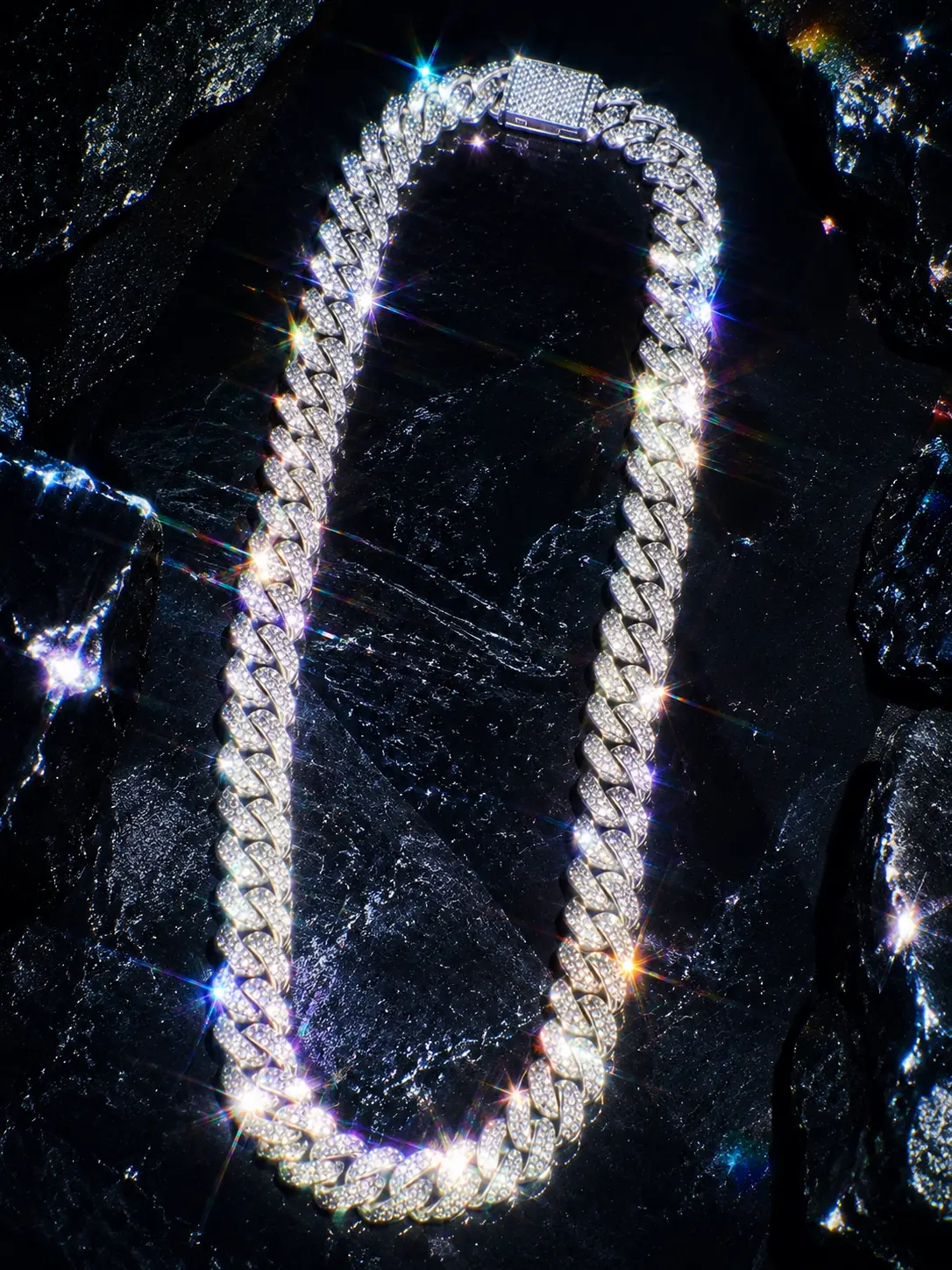 Men's 6030 Hip Hop Cuban Link Chain Necklace - 925 Metal Coating Fully Iced Moissanite Jewelry with Bling Stones, Costume Streetwear Accessory
