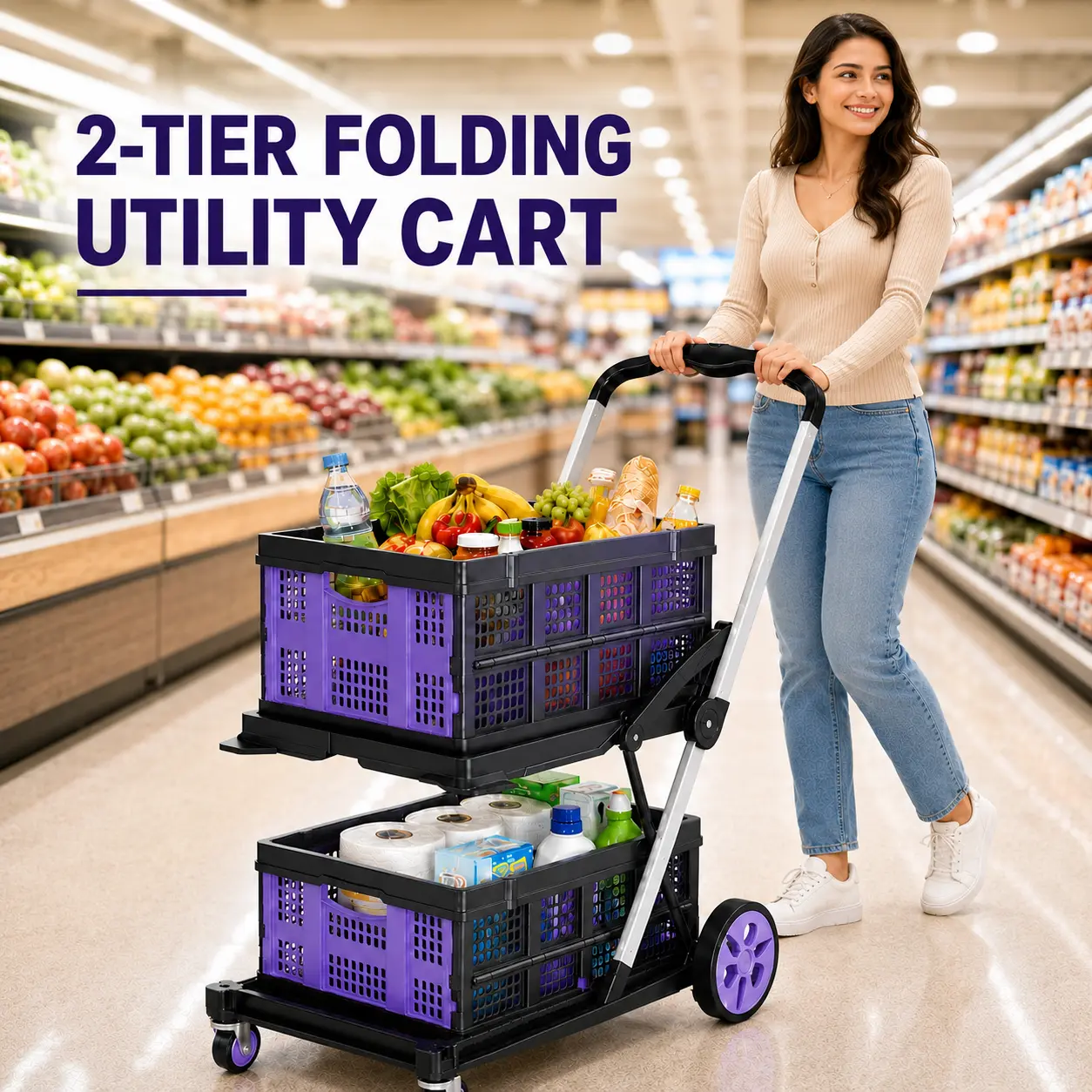 2-Tier Folding Utility Cart with Wheels, 200 lbs Capacity, 2 Detachable 45L Baskets, Collapsible Rolling Shopping Cart for Groceries, Home Storage, Laundry, Office & Apartment Living