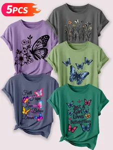 Women's 5-Pack Crew Neck T-Shirts, Butterfly & Flower Print , Multiple Colors Available, Machine Washable, Spring & Summer Top, Soft Skin-Friendly Fabric, Daily Versatile, Casual, Fashion Design