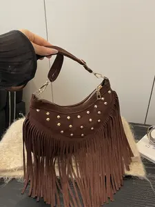 Boho Style Rivet Fringe Shoulder Bag, Bohemian Casual Purse, Fashionable Bags, Fashion Purses, Plain Color, Fashionable and Simple, Versatile Crossbody Bag for Fall & Winter