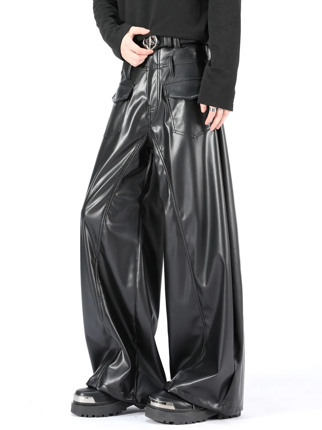 Men's High-End Unique Design Curved Knife Loose Wide-Leg Leather Pants, Straight Leg Long Pants, Single Piece Set