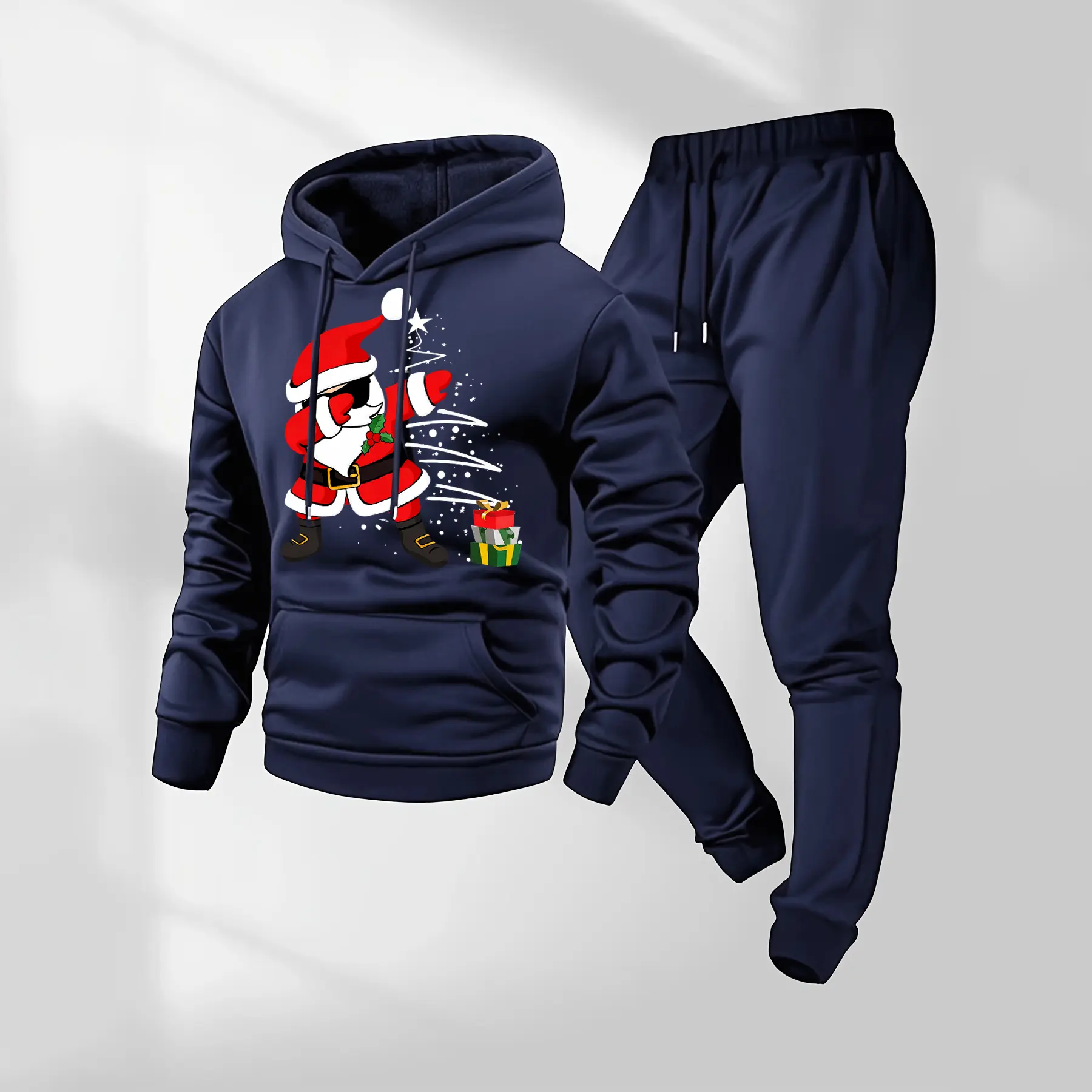 Men's Santa Graphic Hoodie and Pants Set, 2-Piece Casual Loose-Fitting Polyester Tracksuit for Holiday Streetwear, Menswear, Fabric, Sports, Long Sleeve, Baggy, Letters, Santa Print, Hoodie/Jumper, Athletic, Male, Loose Fit, Machine Washable, Minimalist