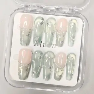 Light Green With Floral And Pearls Handmade PressOn Nails Long Coffin