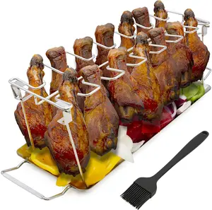 Stainless Steel Non-Stick Chicken Drumstick Rack with 14 Slots Drip Tray & Basting Brush BBQ Grill Accessories for 14 Drumsticks