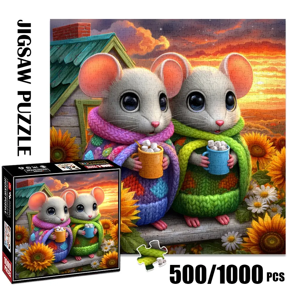 1pc 1000 piece adult Family Puzzle 58x58cm Two Adorable Mice in Cozy Sweaters with Mugs of Marshmallows500 pieces paper jigsaw puzzle suitable for DIY creative games for adults and families, birthday and h
