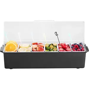 VEVOR Chilled Condiment Server,  6 Compartment Ice Cooled Condiment Serving Container, Chilled Garnish Tray Bar Caddy with Lid, for Bartending & Serving Taco, Salad, Fruit, Home & Restaurant Supplies