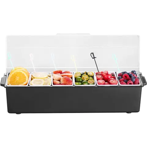 VEVOR 6-Compartment Ice-Cooled Condiment Server, BPA-Free Durable With Lid Food Storage Container, 6-Part Separation Insulated Portable Gadget With Detachable Lid & Utensils, Impact-Proof Dishwasher Safe For Outdoors Camping,toolupgrade