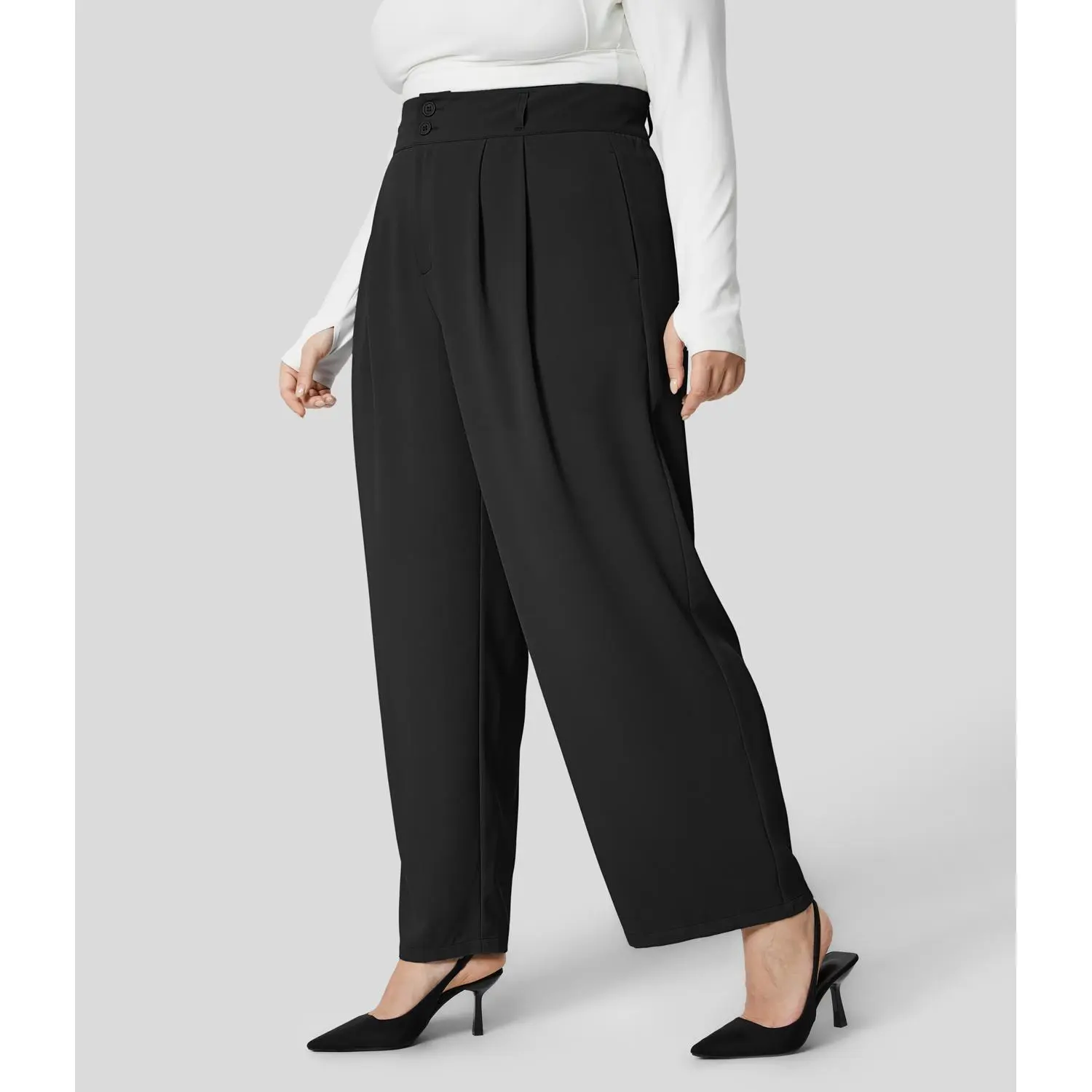 Halara High Waisted Button Zipper Plicated Side Pocket Shirred Straight Leg Work Plus Size Suit Pants