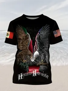 Men's Full-Print Short-Sleeved Digital Printed Mexican-American Traditional Pattern T-Shirt - Eagle and Cactus Design, Matching American and Mexican Flags, Casual Round-neck Short-Sleeved Shirt