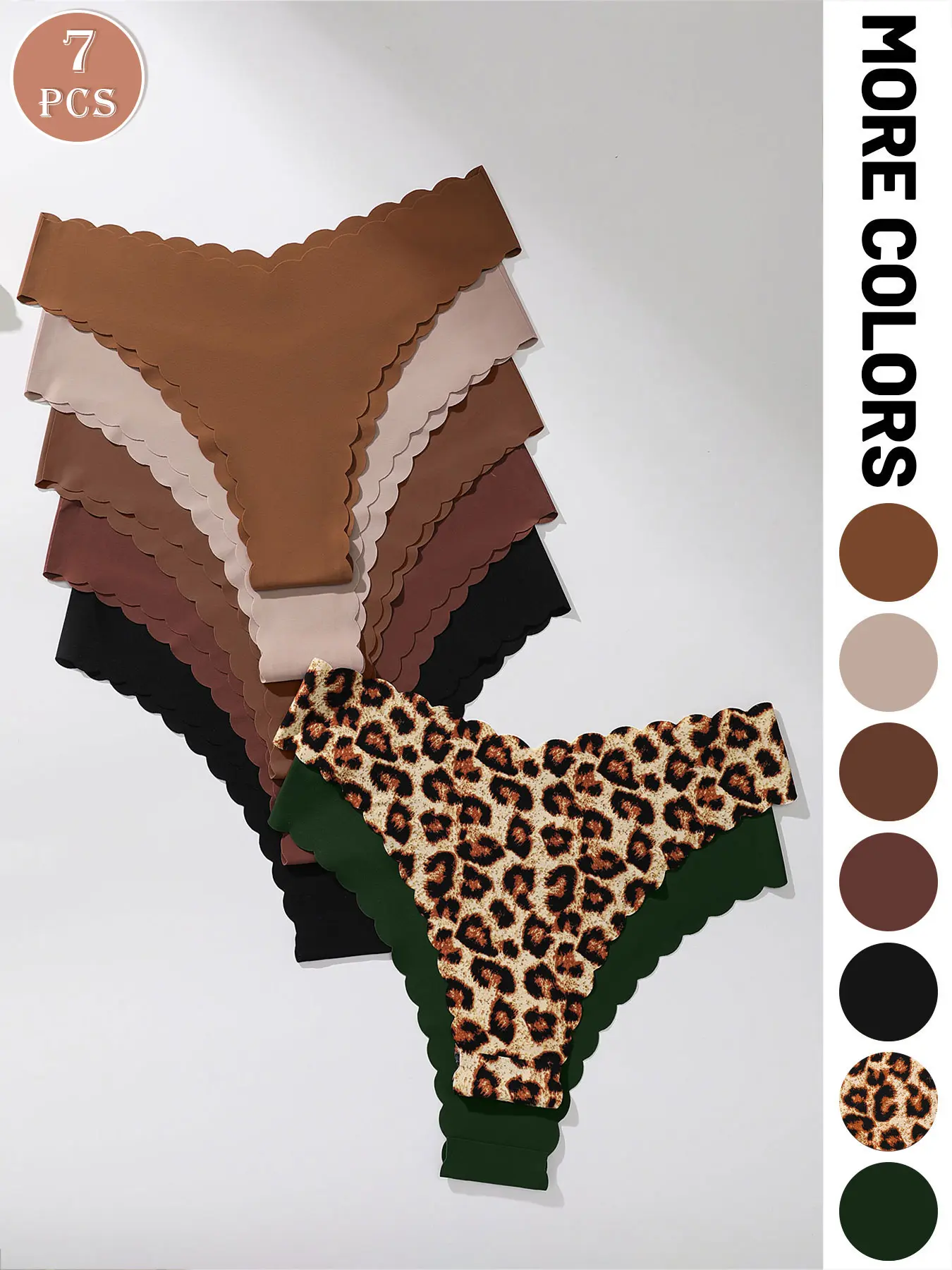 7-piece set of women's underwear - low-rise wavy edge women's briefs, leopard print and various solid colors, soft fitting comfortable lingerie, Soft Panties