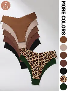 7-piece set of women's underwear - low-rise wavy edge women's briefs, leopard print and various solid colors, soft fitting comfortable lingerie, Soft Panties