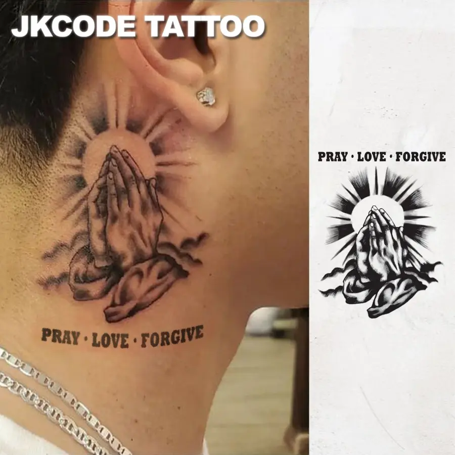 Waterproof Semi-permanent Tattoos, Ephemeral Tattoos, Hands, Temporary Tattoos, Sketch tattoo, Holy Maria, Pray & Love, Realistic Fake Tattoos, Botanical, Lasts 1-2 Weeks, Tattoos For Men, Tattoo Stickers