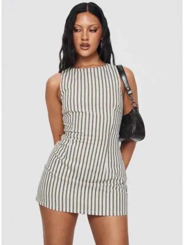 Yumiko Romper Brown Sleeveless Bodycon Mini Playsuit with Belt Soft Stripe Fabric for Party Club & Streetwear Women's Casual Outfit
